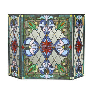 Stained Glass Fireplace <b>Screen</b> 3 <b>Panels</b> Floral Design Traditional <b>Decor</b> Blue Color Rectangle Shape Artistic <b>Decoration</b> 100*70CM - Product Image 5