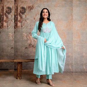 Traditional Indian Cotton Anarkali <b>Kurti</b> With Pant & Dupatta Floral Embroidery Loose Fit Ankle Length For Women All Seasons - Product Image 1