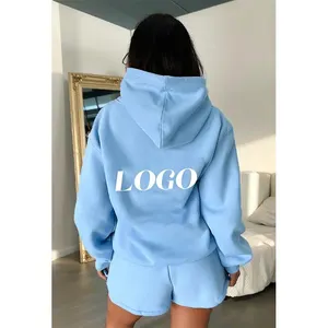 2024 Custom logo sportswear short sweat suits set high quality women two piece cropped hoodie and shorts set