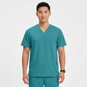 Men's Teal V-Neck <b>Scrub</b> <b>Top</b> With Three Pockets Hospital Uniform Cotton Polyester Woven Fabric - Product Image 1