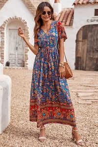 2023 donna Casual estate Boho stampa floreale abito scollo a V manica corta vita alta lunghi Maxi abiti da spiaggia - Product Image 2