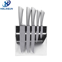 Ensemble de 6 couteaux de cuisine de luxe en acier inoxydable avec bloc de rangement, finition poncée, design artisanal pour un usage quotidien