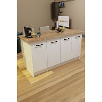 Îlot de cuisine polyvalent Vera White à 4 portes avec option chaise de bar, 4 étagères, en panneau de particules, design moderne, durable et multifonctionnel