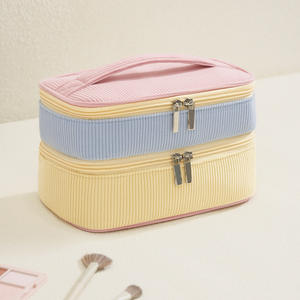 Bolsa de Cosméticos Estilo Coreano, de Pana, con Cierre, Portátil, para Viaje, Estuche de Almacenamiento de Maquillaje, Color Rosa Beige Sólido con Contraste - Product Image 2