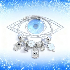 Bracelet DIY <span class=keywords><strong>personnalisé</strong></span> en fil d'argent pour femme, avec breloques main Hamsa, œil, fleur blanche, trèfle à quatre feuilles et cristal – Vente en gros - Product Image 2