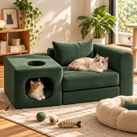 Canapé pour chat compressé Juniper Green en velours côtelé, avec housse zippée à ouverture circulaire, idéal pour la sieste, pour l'owner et le chat partageant le confort