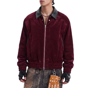 Wholesale Vintage Burgundy <b>Velvet</b> <b>Jacket</b> <b>For</b> <b>Men</b> Contrast Faux Leather Collar Full Zipper Cropped Streetwear Coat - Product Image 2