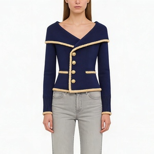 Cardigan en tricot pour femme à revers contrastant - Pull décontracté boutonné pour le bureau, tendance - Product Image 3