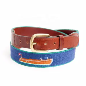 WOODEN BOAT TRADITIONAL NEEDLEPOINT LEATHER BELT BROWN FOR MEN