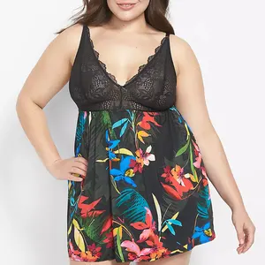 Tropical Print Lace Babydoll Beautiful Black Sexy Babydoll Lingerie Sleepwear Lace Dress