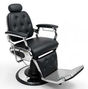 Sillón de Barbería de Cuero Sintético Negro Resistente, con Reposacabezas y Reposapiés Ajustables, Diseño Reclinable, Costuras en Diamante, para Salón - Product Image 1