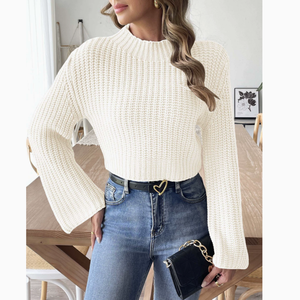Pull en maille à col roulé pour femme, manches évasées, longueur courte, couleur unie, décontracté, automne, 100% acrylique, manches longues - Product Image 5