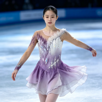 Robe de patinage artistique pour femmes et filles, dégradé violet, strass, maille, manches longues, compétition de patinage sur glace, tenue de performance personnalisée