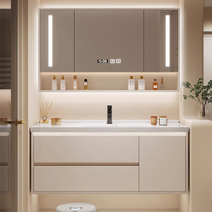 Modern minimalist style cream-white bathroom cabinet with intelligent mirror washbasin, available in <b>multiple</b> sizes - Product Image 5