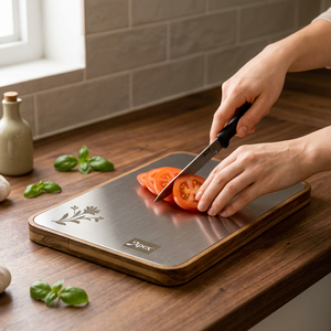 Planche à découper en acier inoxydable double usage STEEL OAK CHOPPING avec cadre en bois, 250 x 350 mm, pour légumes, fruits, pâte - Product Image 2