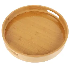 Bandeja redonda de bambú con mango, bandeja de almacenamiento de madera para baño y cocina