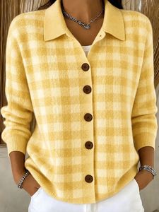 Cardigan en tricot à carreaux bleu clair pour femme, pull boutonné à col et manches longues, haut d'automne et d'hiver - Product Image 4