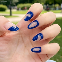 Faux ongles 3D en ABS, forme amande française, base nude avec accent bleu, réutilisables, faciles à appliquer