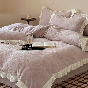 Milk Floss Jacquard <b>Bedding</b> <b>Set</b> Solid Color Thermal Duvet Cover Sheet Home Use - Product Image 2