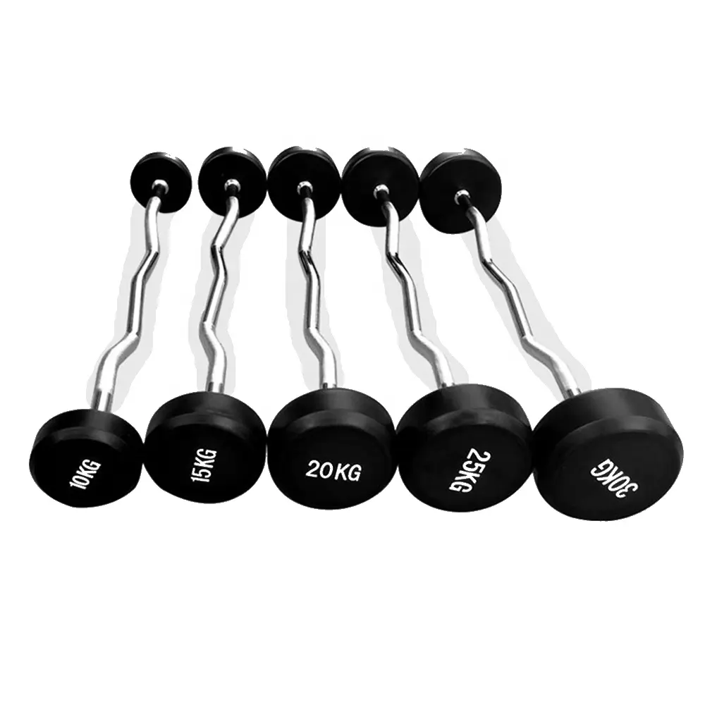 Black Round Rubber Fixed Barbell Steel Bar Chrome Coating Barbell Weighted Straight Curl Small 50KG Bar Bell