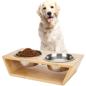 Grosir tempat mangkuk hewan peliharaan bambu tinggi 4 inci dengan dua mangkuk baja tahan karat untuk anjing dan kucing - Product Image 3