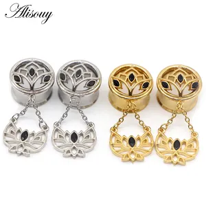 Alisouy 2PC Piercing Stainless Steel Lotus Flower Dangle Ear Plugs Tunnels Crystal Ear Extention Expander Gauges Body Jewelry