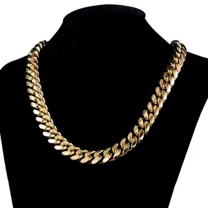 Kalung Perhiasan modis kancing keran rantai Kuba 14mm warna emas baja tahan karat Hip Hop untuk hadiah Pria Wanita
