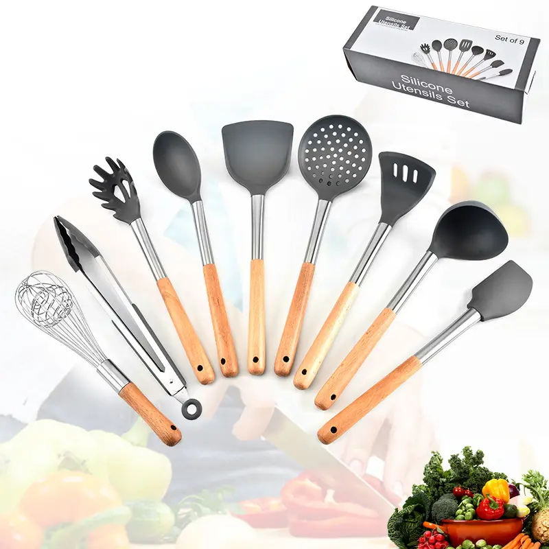 Set Peralatan Dapur Kayu Stainless Steel, Set Peralatan Dapur Sendok Silikon Sup dengan Pegangan Kayu