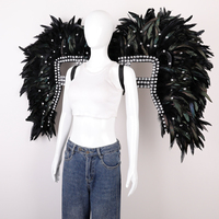 Ailes en Plumes Naturelles Noires de Luxe avec Décoration en Strass pour Spectacle de Carnaval du Mardi Gras, Halloween, Cosplay, Festival