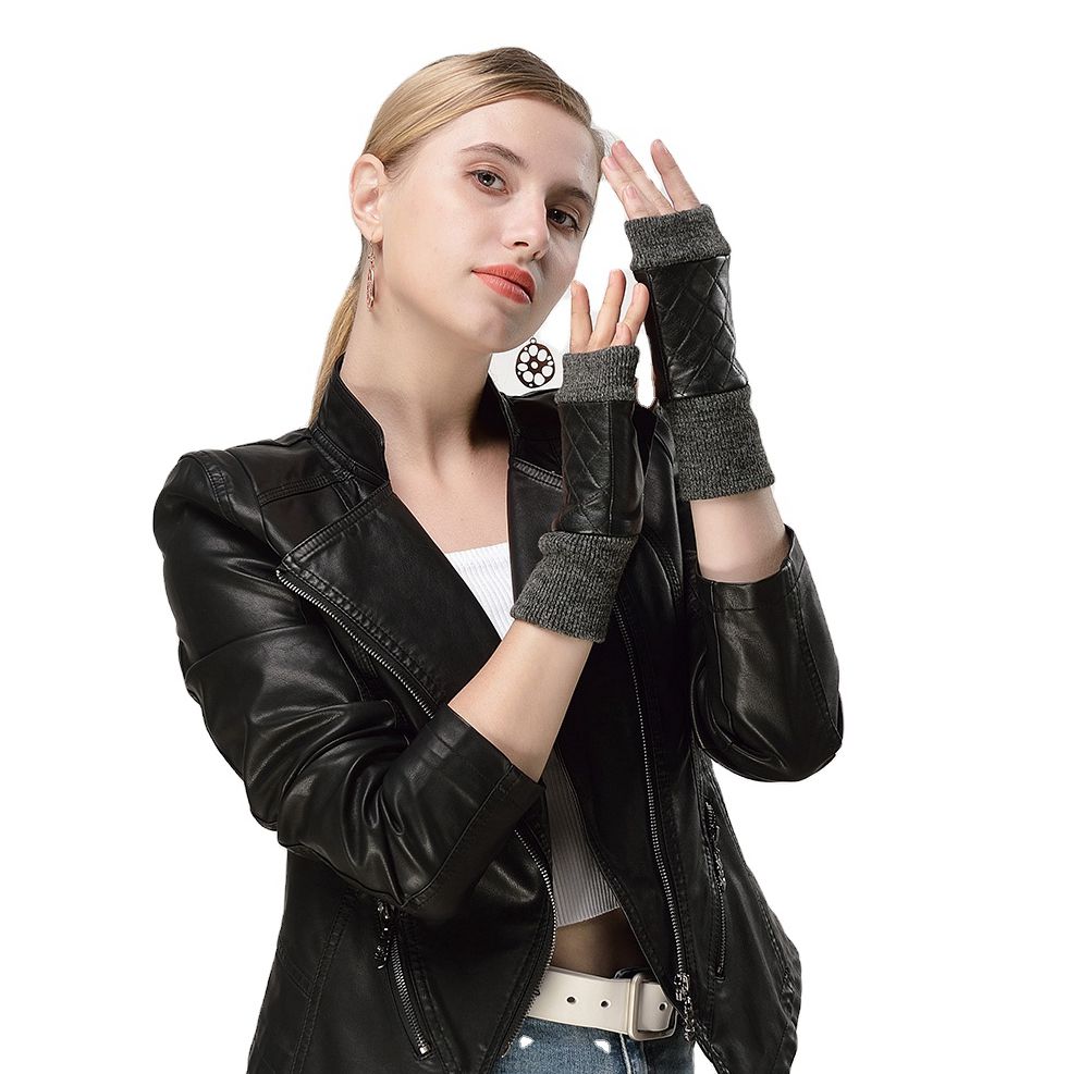 Новое поступление, женские зимние вязаные перчатки из акрила и кожи без пальцев, перчатки для сенсорного экрана