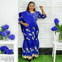 Robe longue africaine H&D BS076 pour femmes, broderie Bazin Riche, robe de haute qualité avec foulard