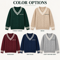 Pull personnalisé pour femme à col en V, tricot torsadé, manches longues, bordure contrastée à rayures, avec logo en relief pour l'automne et l'hiver