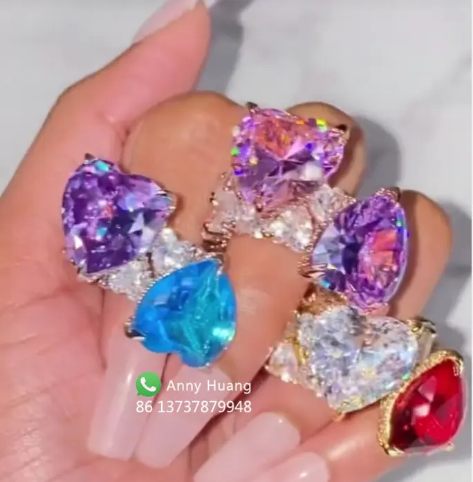 Luxury bling iced out hip hop jewelry cz big heart diamond ring silver rose gold purple blue red promise wedding engagement ring