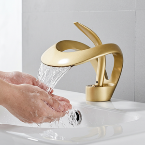 Rubinetto miscelatore monocomando da piano in <span class=keywords><strong>ottone</strong></span> spazzolato oro per lavabo <span class=keywords><strong>bagno</strong></span>, acqua calda e fredda - Product Image 1