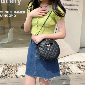 Quilted Round PU Shoulder <b>Bag</b> Women's <b>Crossbody</b> Handbag Zipper Closure Embroidery Pendant Portable Daily Travel - Product Image 3