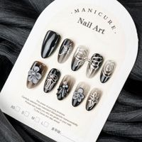Faux ongles 3D noirs et argentés à presser, style gothique dégradé, forme amande, avec motifs étoile, nœud et fleur, pour fêtes et usage quotidien