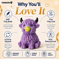 Jouet Squishy Coloré et Croustillant en Argile Vache des Highlands à Rebond Lent, Jouet Anti-Stress, Jouet Fidget, Cadeau