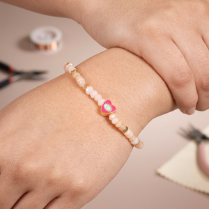 Pink Opal Heart Evil Eye Engraved Charm <b>Stretch</b> <b>Bracelet</b> Pink Blue Enamel Gold Plated 925 Sterling Silver Silver Export House - Product Image 2