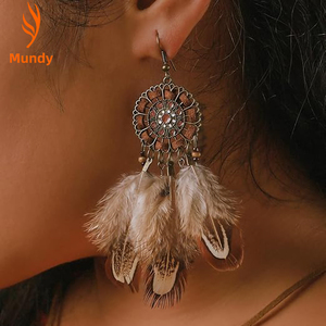 Boucles d'oreilles pendantes bohèmes en plumes naturelles, accessoires d'oreille rétro en filigrane bronze pour tenues de style <span class=keywords><strong>hippie</strong></span>, idéales pour les fêtes - Product Image 1