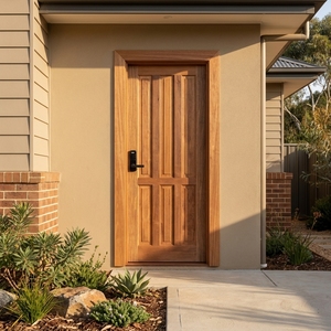 Ensemble de porte d'entrée en merbau massif à 6 panneaux verticaux encastrés Sovereign Estate - Product Image 2