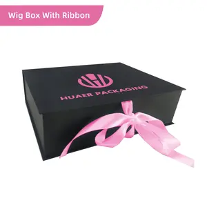 Kotak Wig hitam merah muda kardus mewah kotak Wig magnetik kemasan kepang ekstensi rambut Logo kustom dengan pita
