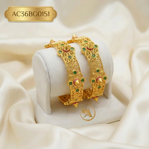 Arabic Style Gold Plated Bangles – Royal Filigree Statement <b>Bracelet</b> Set with Green & <b>Red</b> Stones - Product Image 1