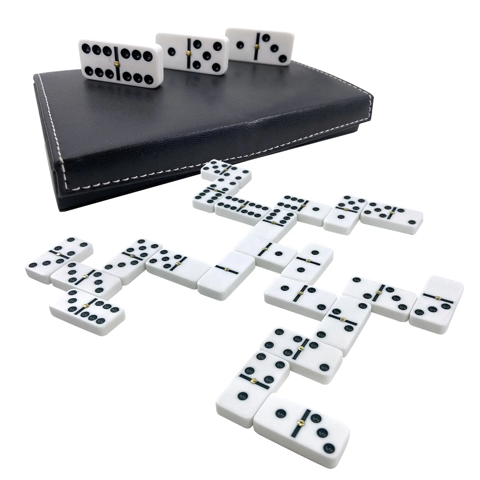 Caja de cuero negro para juego de mesa de casino, juego de dominó Blanco, Negro, dorado, 6 unidades