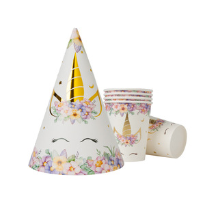 Kit de Artículos para Fiesta de Unicornio, Platos de Papel, Vasos, Gorros, Decoraciones Desechables con Estampado Dorado para Fiestas Infantiles - Product Image 4