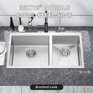 Évier double encastré d'angle en acier inoxydable 304 fait main pour extérieur, fabrication Foshan, avec trois trous et robinet en laiton - Product Image 3