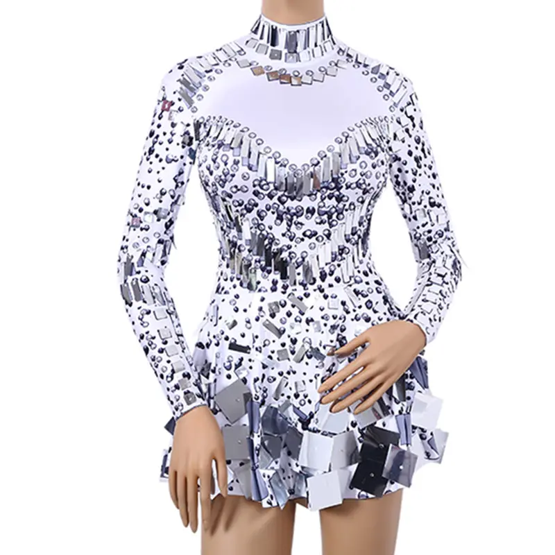 Women Birthday Celebrate Party Leotard Female Performance Outfit Stage Sparkly Sequins Bodysuit Dress Rhinestones Dance Costume