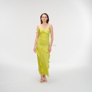 Vestido Largo de Verano Personalizado para Mujer, Cuello en V Profundo, Silueta Plisada con Volantes, Estilo Y2K, Vestido de Playa - Product Image 1