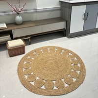 Tapis d'intérieur en jacinthe d'eau naturelle tissé à la main, à poils moyens, avec support en jute, motif rayé bicolore à points creux, style bohème