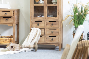 Rustic Farmhouse Accent Cabinet Furniture Recycled <b>Pine</b> Wood <b>Cupboard</b> Bookcase Cabinet with Glass Door and 6 Drawers - Product Image 6