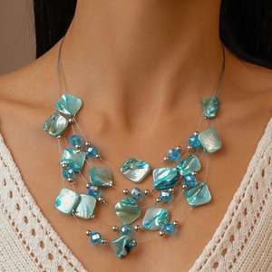 Kaimei เครื่องประดับแฟชั่น2025สร้อยคอลูกปัดคริสตัลหลายชั้นไม่สม่ำเสมอสร้อยคอชั้นเปลือกหอยสีฟ้าของผู้หญิงระดับไฮเอนด์ - Product Image 2